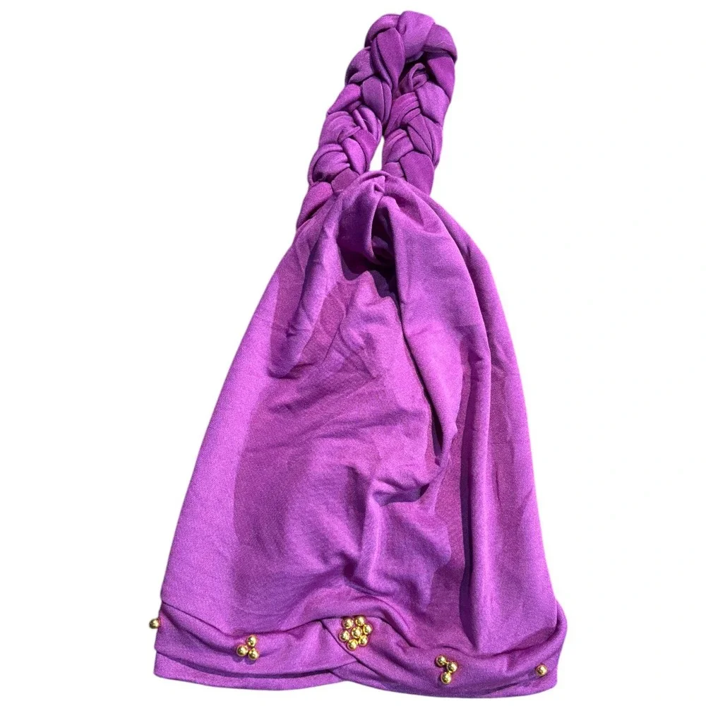 Purple Braided Turban Head Wrap Gold Beaded Stud Accents Polyester Jersey Beanie